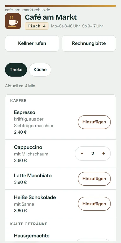 Rebilo am Handy des Gastes: Speisekarte von Café am Markt, Tisch 4, mit Warenkorb